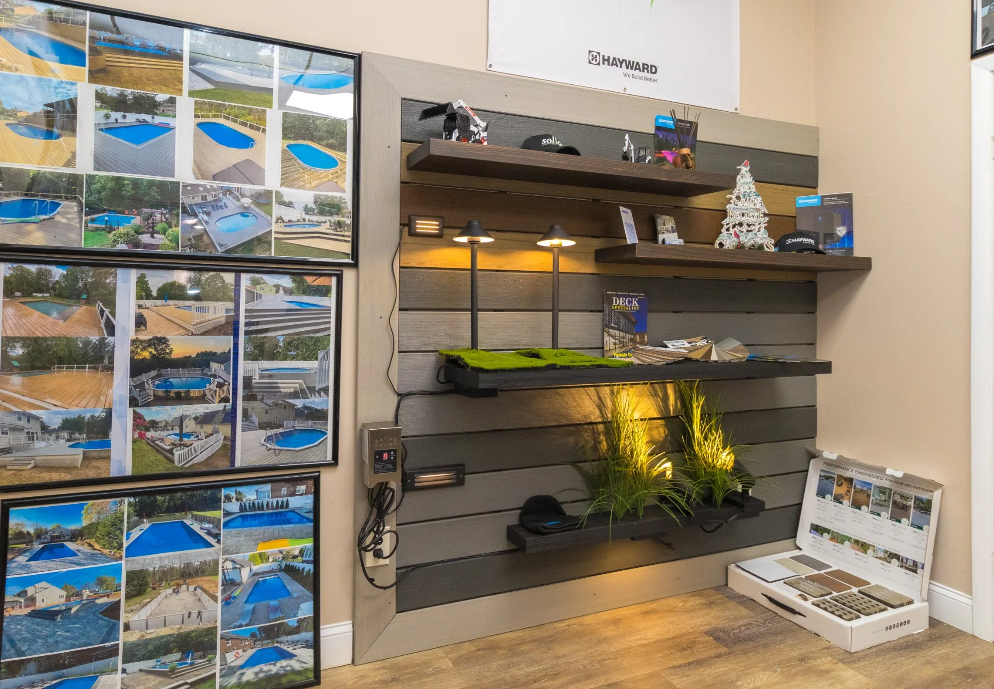 Decking materials and sample display wall