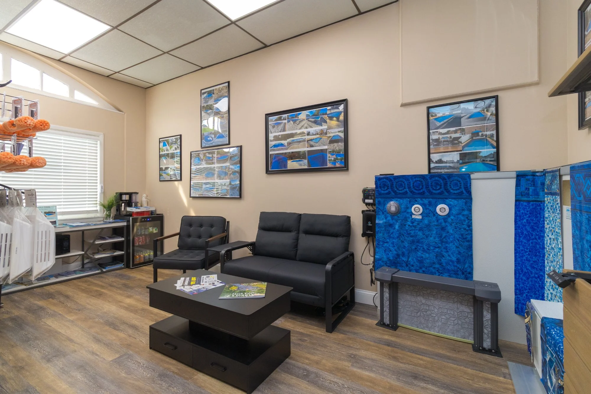 Showroom interior with liner samples and project displays