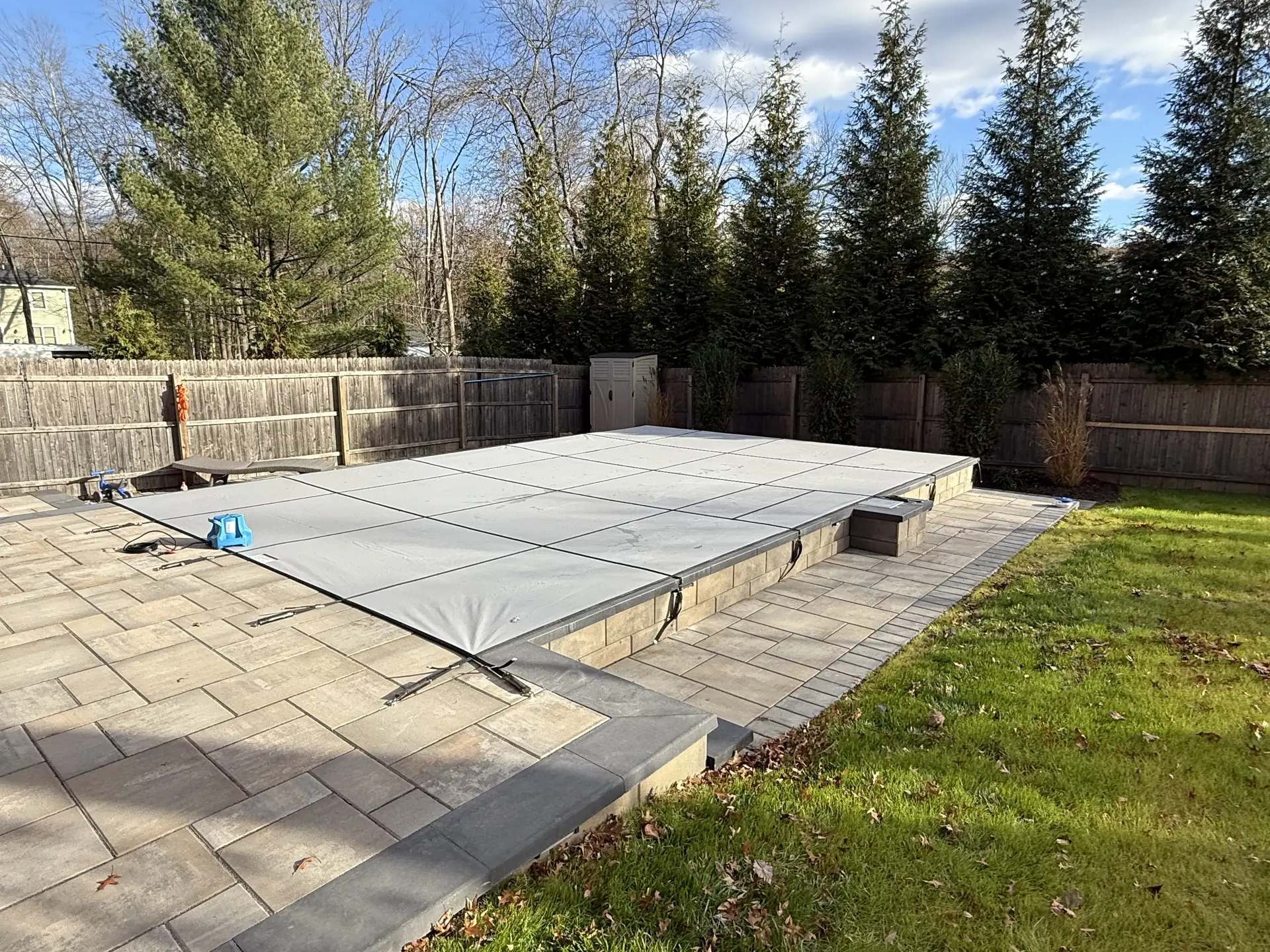 Inground rectangular pool closed, wide angle