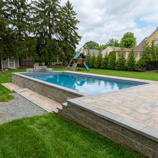 Inground pool open in summer, mature trees