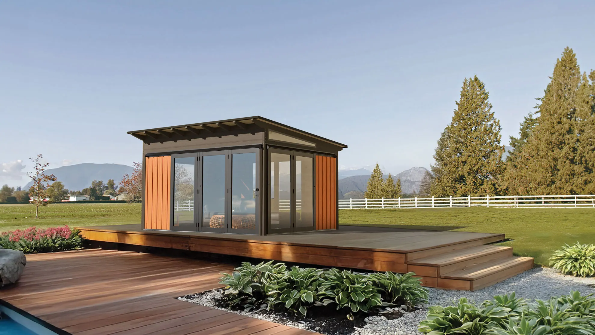 Visscher Duke pavilion with Acorn cedar panels in a pastoral landscape setting